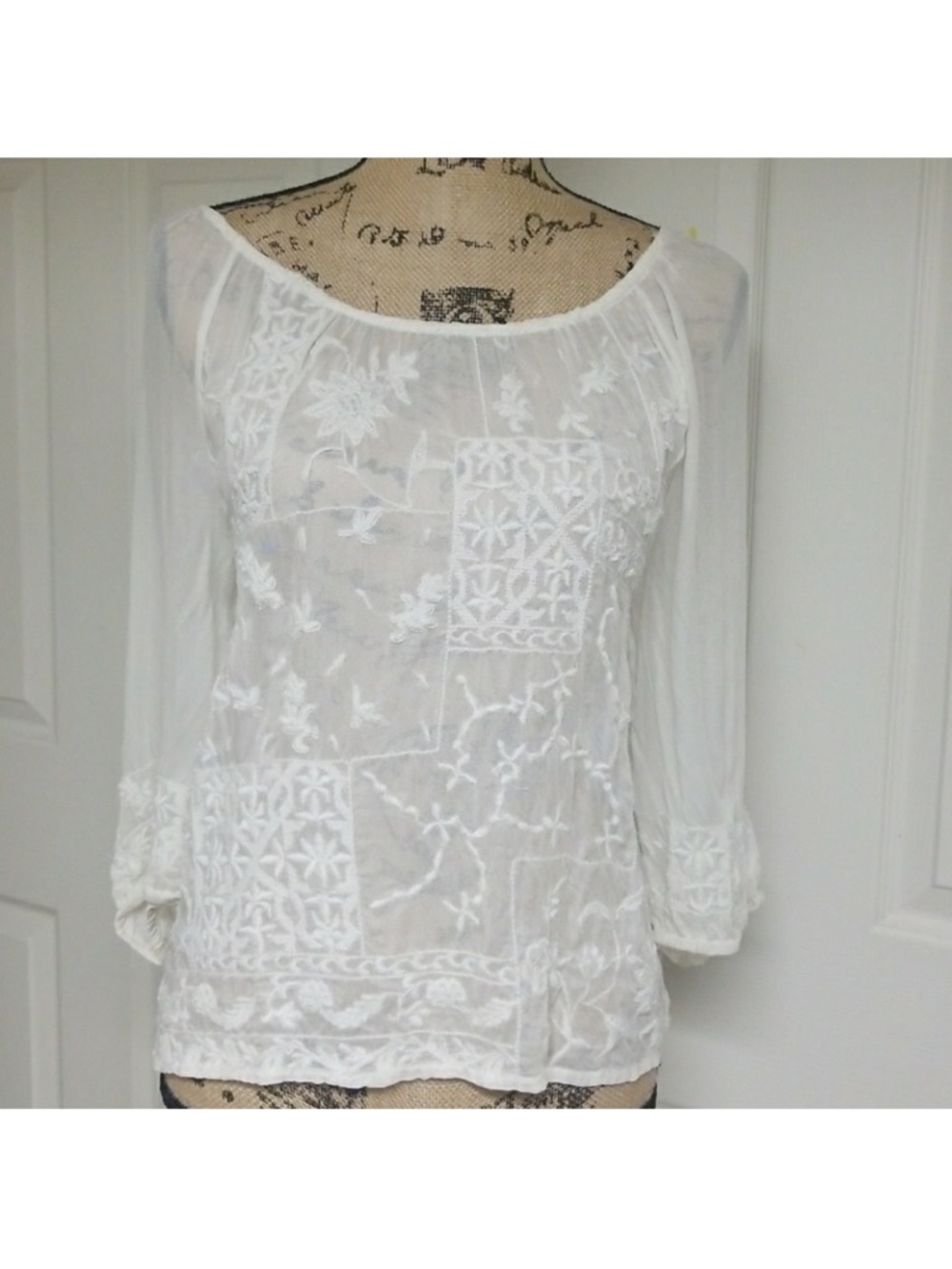 Lucky Brand White Embroidered Sheer Peasant Blouse - Brand: